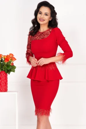 Rochie de ocazie rosie Gardenia cu peplum si fulgi