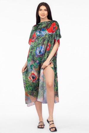 Rochie de plaja lunga tip poncho din matase cu imprimeu impresionist