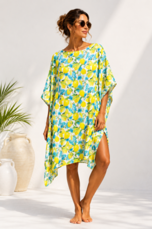 Rochie de plaja tip poncho din matase cu imprimeu mediteranean cu lamai si fluturi