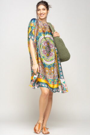 Rochie de plaja tip poncho din matase cu mandala centrala in chenar galben si gri