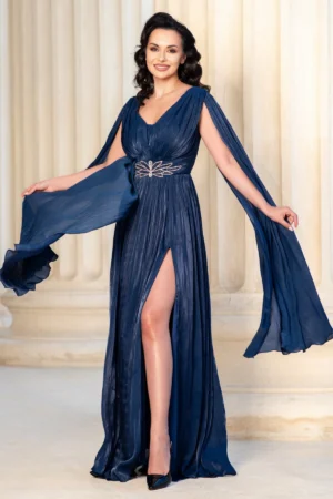 Rochie de seara lunga bleumarin Ligia cu maneci tip fluture