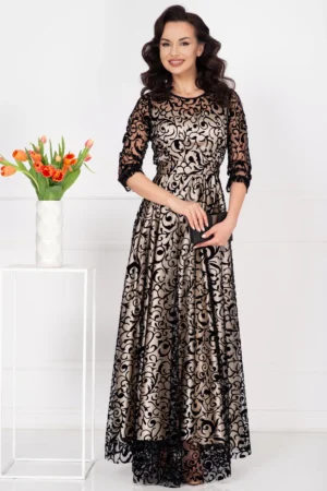 Rochie de seara lunga Francesca cu model din catifea si dublura bej