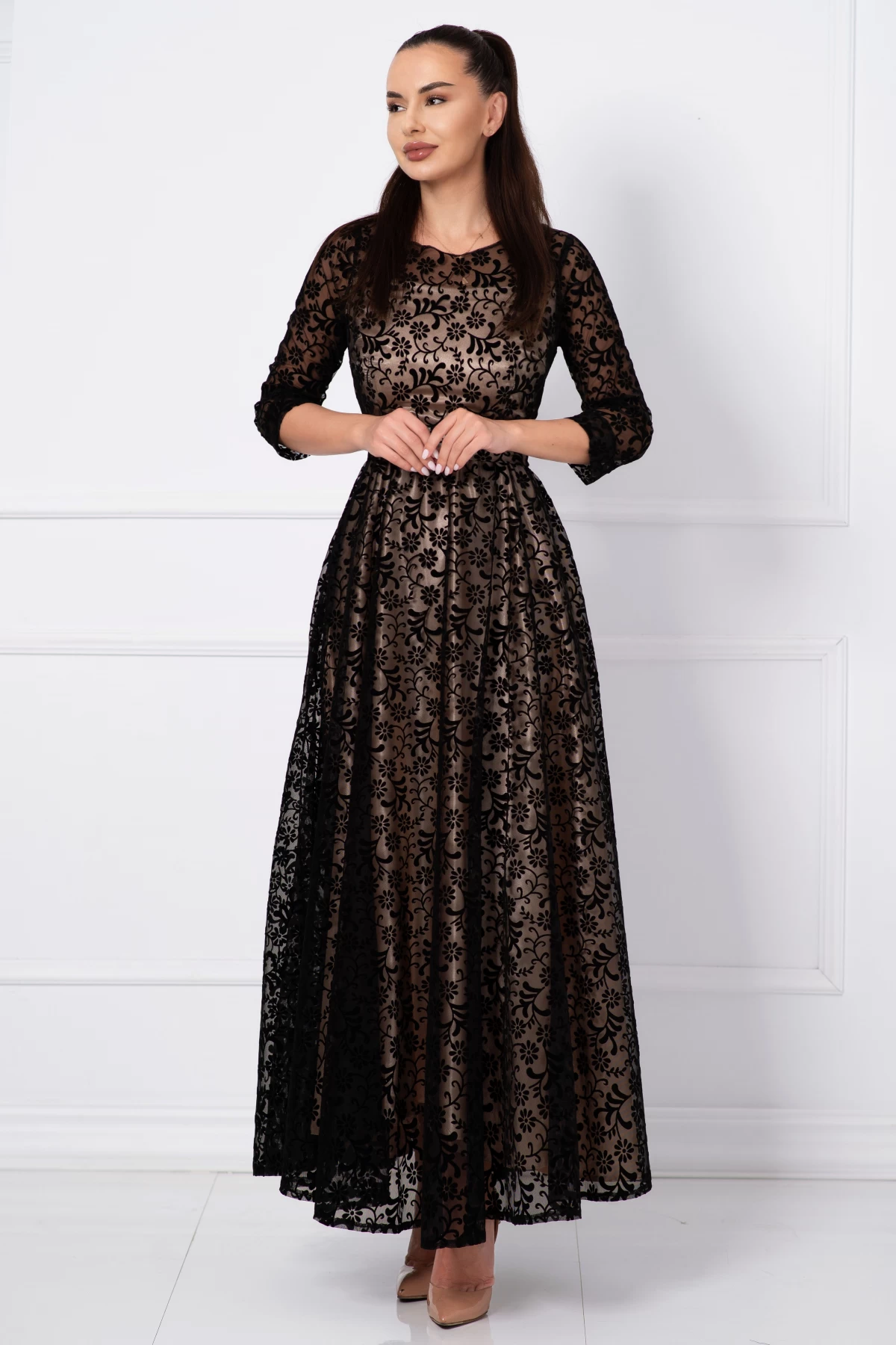 Rochie de seara lunga Francesca cu model floral din catifea si dublura bej