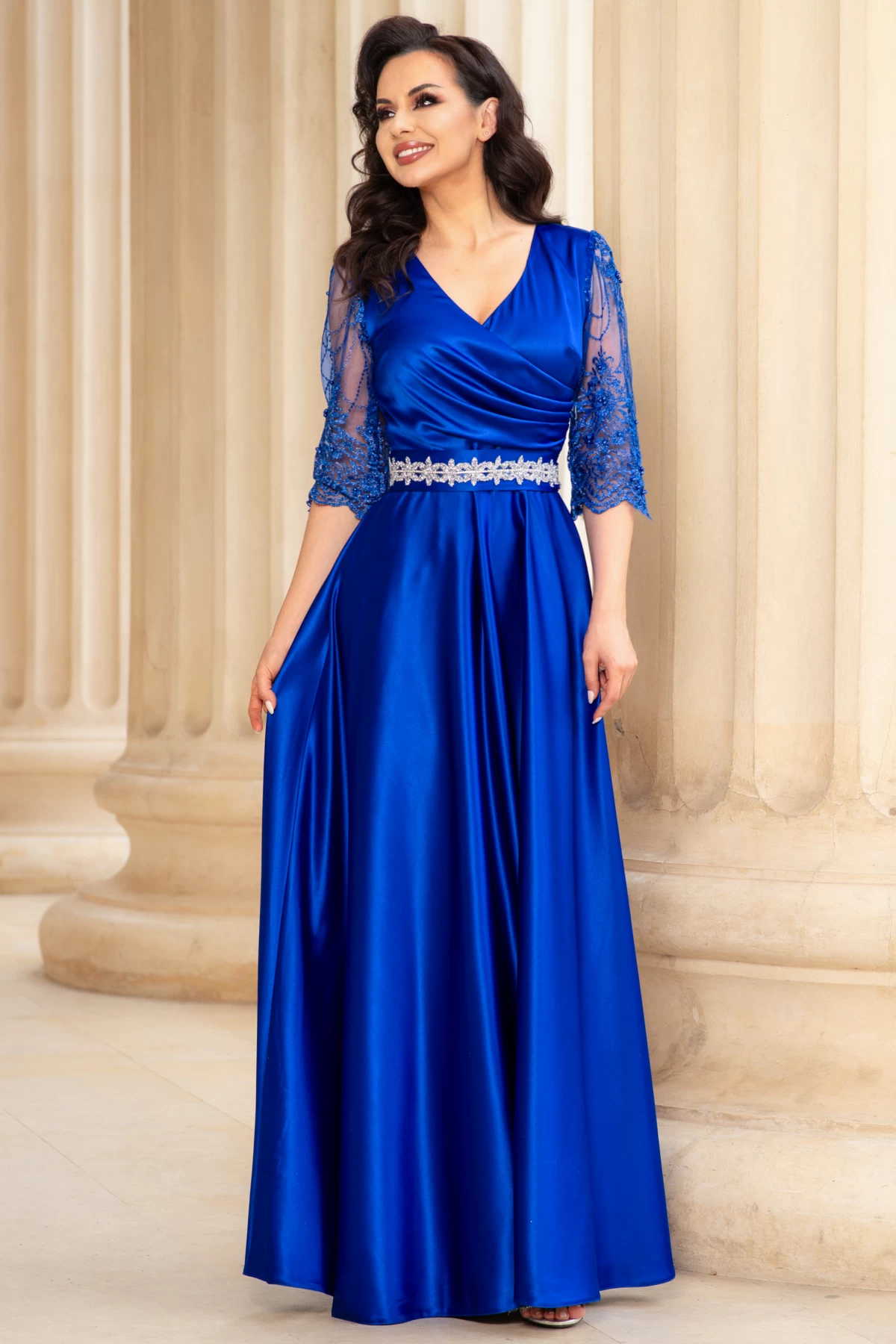 Rochie de seara lunga Giorgia albastru royal din tafta cu maneci brodate