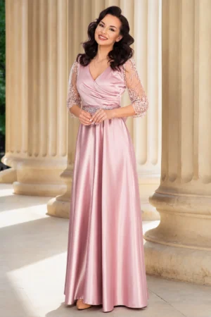Rochie de seara lunga Giorgia roz din tafta cu maneci brodate