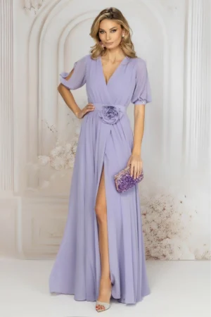 Rochie de seara lunga lila cu floare in talie si decolteu petrecut