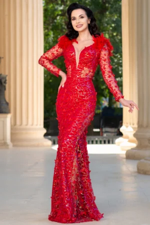 Rochie de seara rosie Alejandra cu paiete si flori decorative