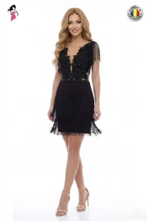Rochie de seara cu franjuri si broderie