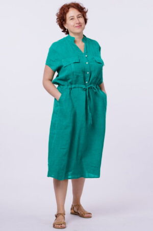 Rochie de vara midi din in cu buzunare si siret in talie