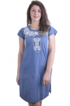 Rochie denim albastra cu motiv floral alb Luiza