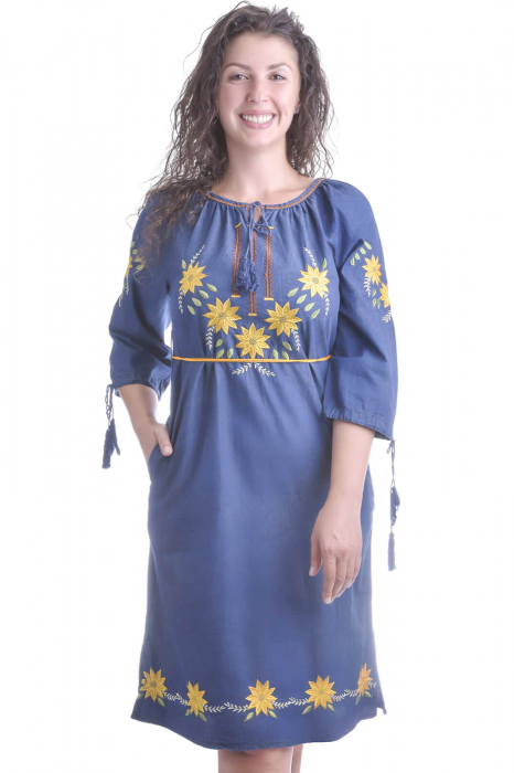 Rochie denim albastra cu motiv floral galben Flavia