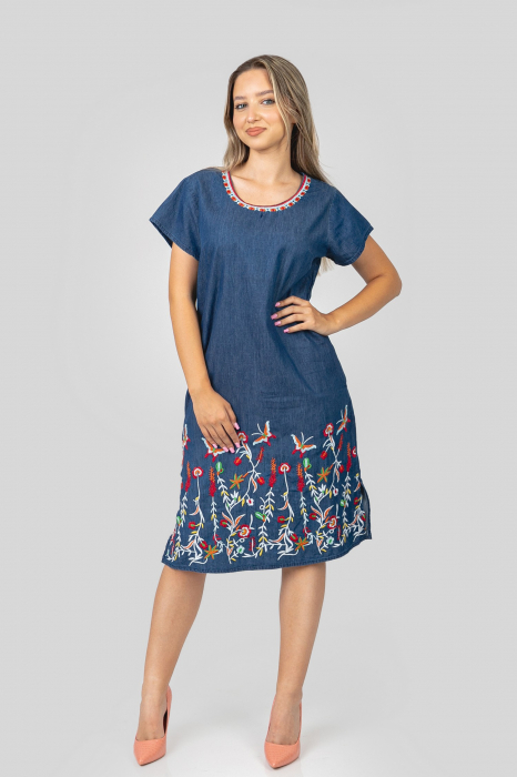 Rochie denim albastra cu motiv floral multicolor Rodica