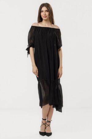 Rochie din matase si vascoza cu detalii feminine si croiala lejera