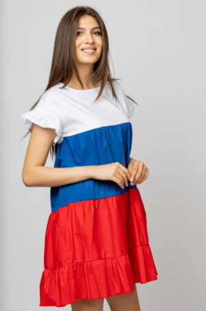 Rochie din poplin de bumbac cu trei volane colorate rosu-albastru-alb