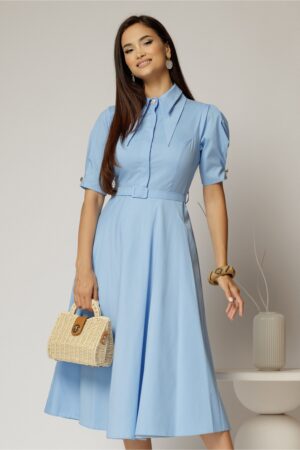 Rochie DY Fashion din poplin bleu cu guler dublu si nasture la guler