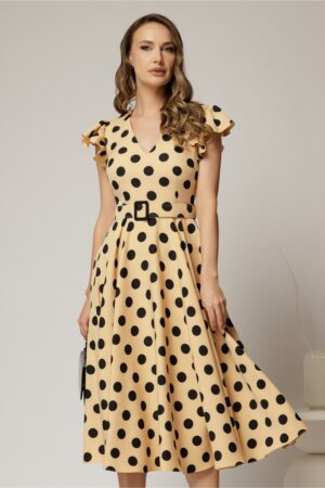 Rochie DY Fashion galben pai cu buline si curea in talie