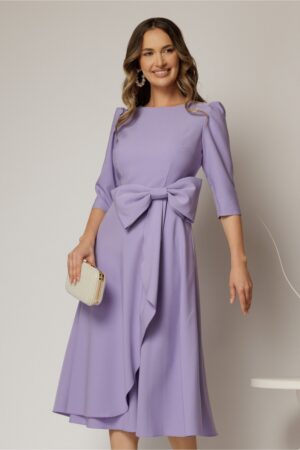 Rochie DY Fashion lila cu funda ampla in talie decolteu rotund maneci trei sferturi