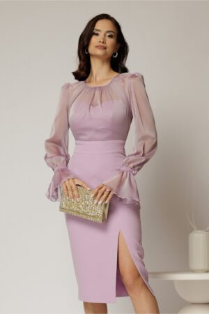 Rochie DY Fashion lila cu maneci lungi din voal cu croi mulat