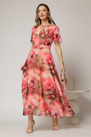 Rochie DY Fashion lunga cu imprimeu rosu zmeura din voal creponat cu rijelina