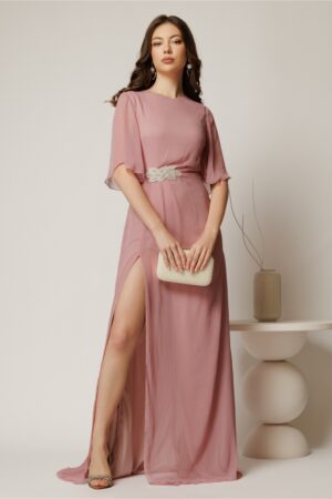 Rochie DY Fashion lunga roz de seara din voal cu aplicatie pe talie