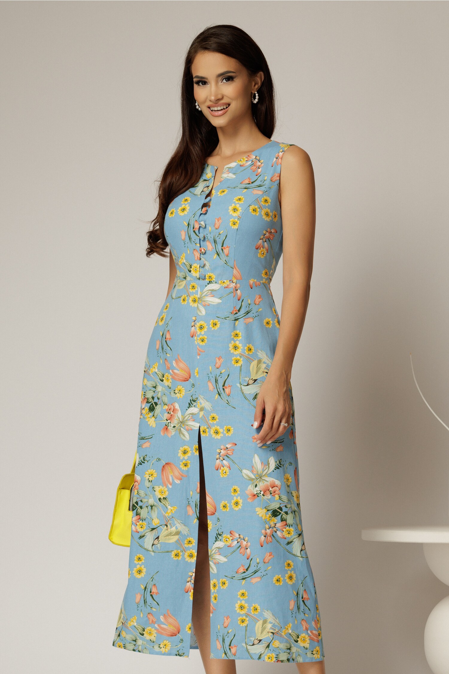 Rochie DY Fashion midi bleu cu imprimeuri din in cu nasturi pe bust fara maneci