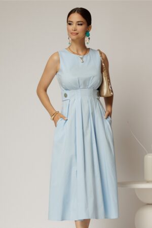 Rochie DY Fashion midi bleu din bumbac cu nasturi si cusaturi pe talie