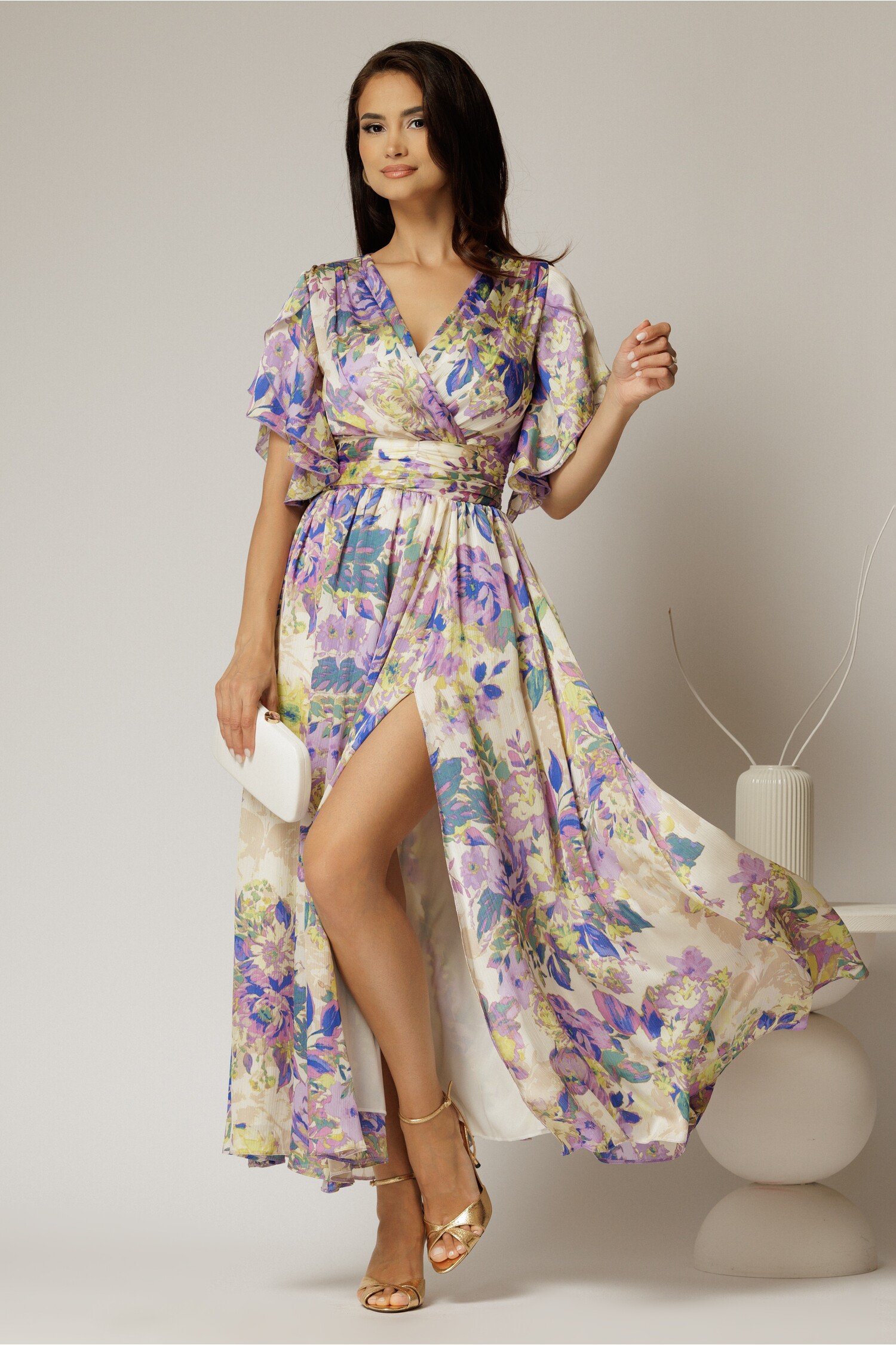 Rochie DY Fashion midi cu imprimeu lila din voal satinat