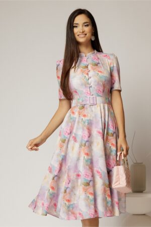 Rochie DY Fashion midi cu imprimeu lila in clos din triplu voal cu nasturi la bust si curea in talie
