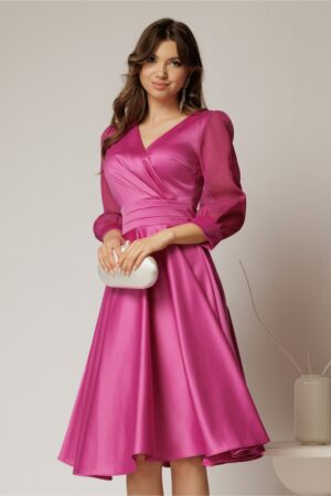 Rochie DY Fashion midi fucsia din tafta cu maneci din voal cu lurex