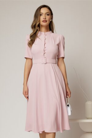 Rochie DY Fashion midi roz in clos din triplu voal cu nasturi la bust si curea in talie
