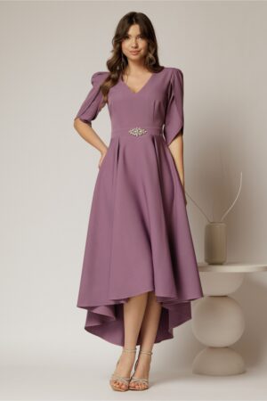 Rochie DY Fashion mov asimetrica cu maneci lalea si aplicatie pe talie