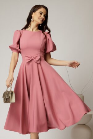 Rochie DY Fashion roz din stofa in clos cu funda in talie