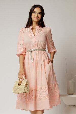 Rochie DY Fashion roz somon din bumbac cu insertii perforate si curea in talie