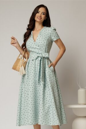 Rochie DY Fashion verde menta cu buline cu decolteu petrecut si cordon in talie