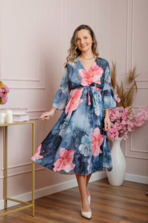 Rochie eleganta Adaline din voal bleumarin cu imprimeuri florale