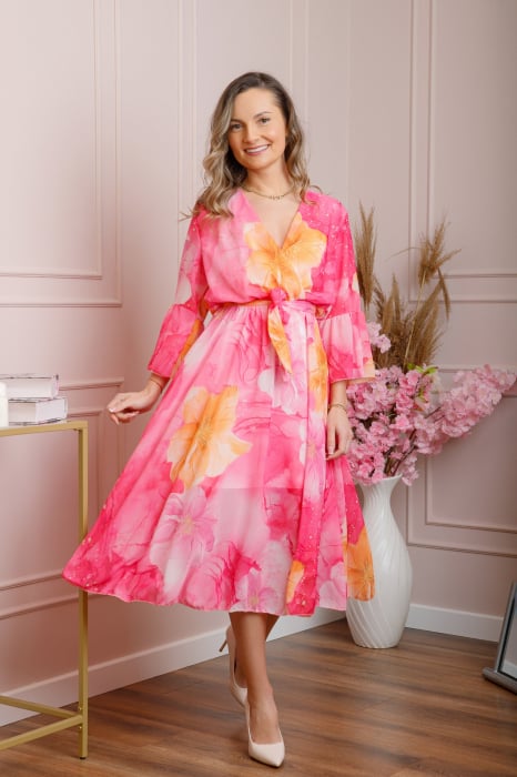 Rochie eleganta Adaline din voal ciclam cu imprimeuri florale