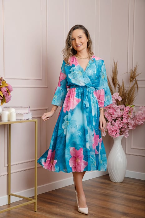 Rochie eleganta Adaline din voal turcoaz inchis cu imprimeuri florale