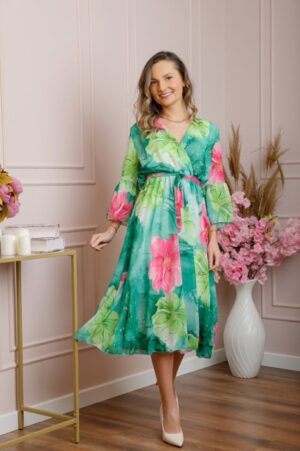 Rochie eleganta Adaline din voal verde cu imprimeuri florale