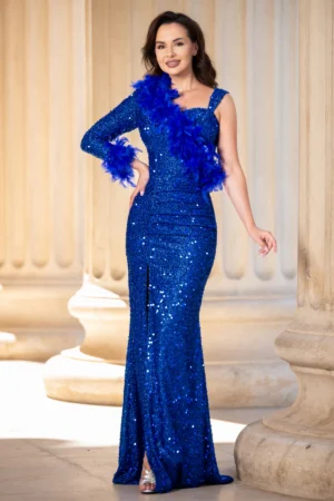 Rochie eleganta albastru royal Isabela cu fronseuri si insertie de fulgi