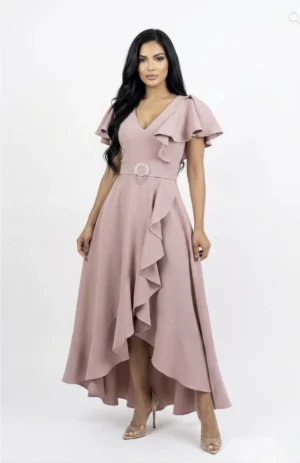 Rochie eleganta asimetrica roz pudra cu maneca scurta