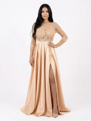 Rochie eleganta lunga din tafta cu broderie pretioasa si maneca