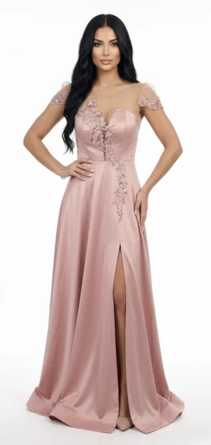 Rochie eleganta lunga din tafta roz prafuit prevazuta cu broderie pretioasa in partea superioara si maneca scurta