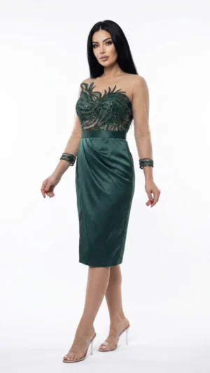 Rochie midi din tafta cu pliuri in zona taliei si broderie in partea superioara