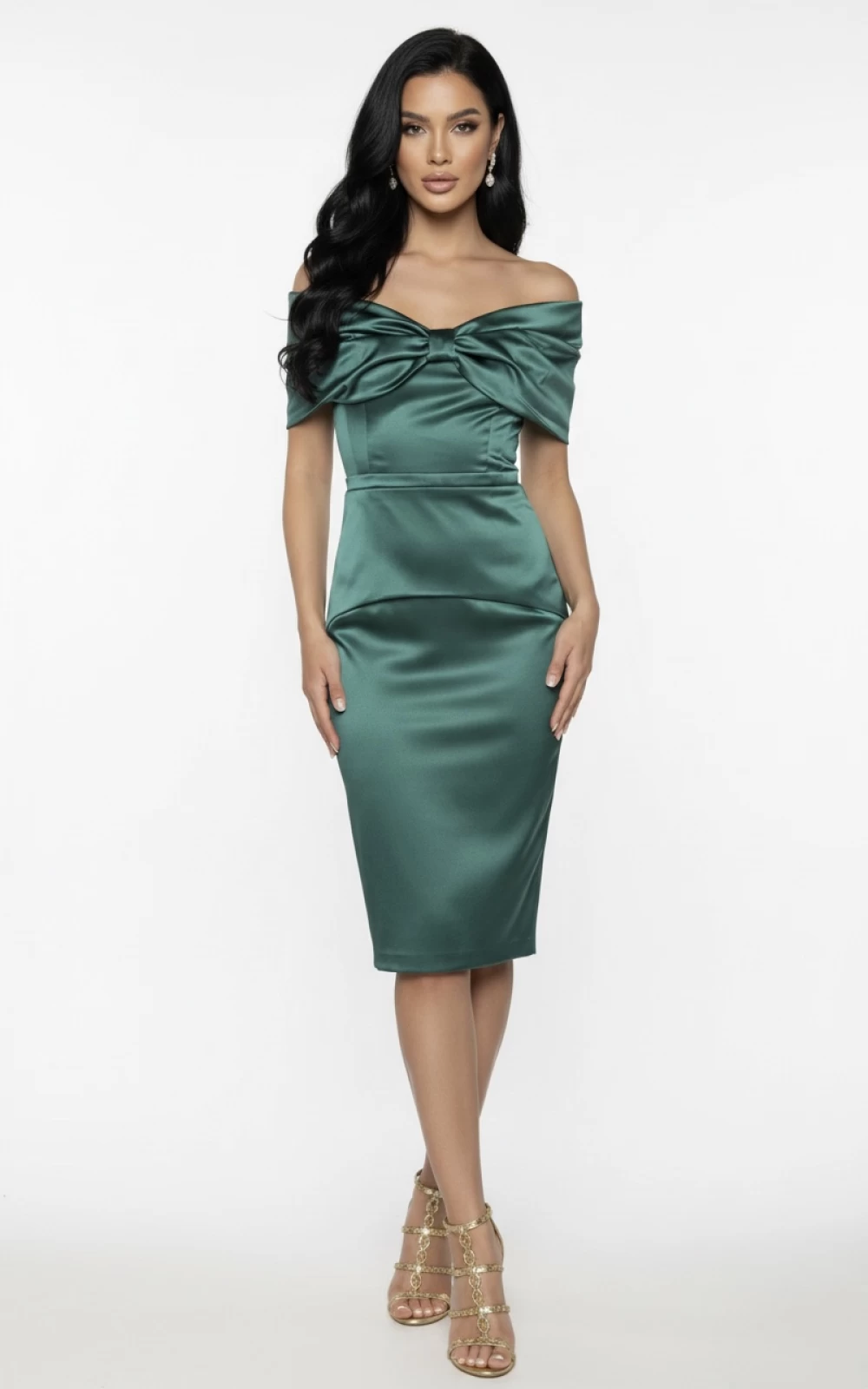Rochie de ocazie din tafta verde cu funda maxi la bust