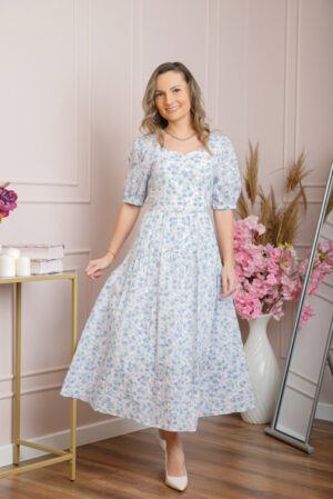 Rochie eleganta Helena cu imprimeuri florale si buzunare functionale - Bleu
