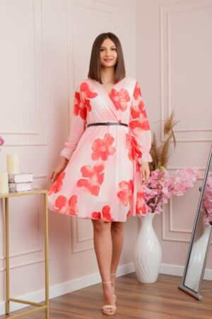 Rochie eleganta Melody din voal cu imprimeu floral rosu si bust petrecut