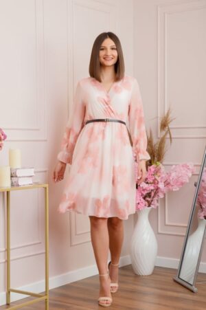 Rochie eleganta Melody din voal cu imprimeu floral roz pastel si bust petrecut