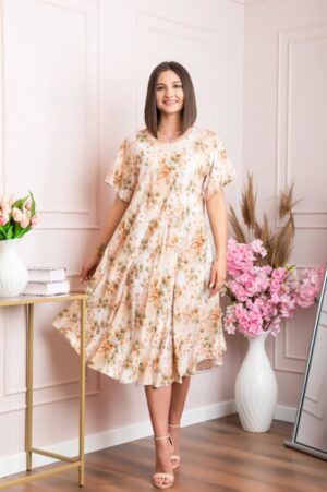 Rochie eleganta Mirabelle cu imprimeu floral - Crem cu orange