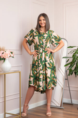 Rochie eleganta Olive cu imprimeu exotic verde