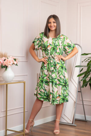 Rochie eleganta Olive cu imprimeu exotic verde crud